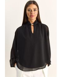 Bianco Lucci - Mandarin Collar Chiffon Blouse With Stone Accessory - Lyst