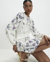 River Island - Mini Dress Long Sleeve Floral Round Neck - Lyst