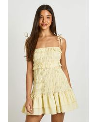 Boohoo - Petite Linen Look Shirred Drop Hem Mini Dress - Lyst