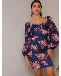 Chi Chi London - Balloon Sleeve Floral Bodycon Mini Dress - Lyst