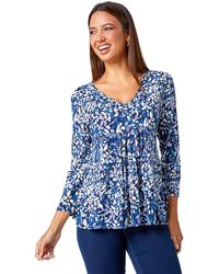 Roman - Leaf Print Pintuck Swing Stretch Top - Lyst