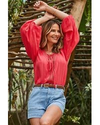 Sosandar - Coral Metallic Blouson Sleeve Lace Up Blouse - Lyst
