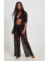 Boohoo - Lace Short Sleeve Beach Shirt And Wide Leg Trousers Co-Ord - Lyst