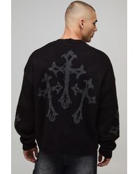 BoohooMAN - Relaxed Boxy Brushed Gothic Cross Knitted Cardigan - Lyst