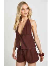 Boohoo - Petite Linen Look Halterneck Top And Shorts Set - Lyst