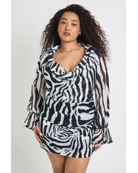Boohoo - Plus Zebra Print Chiffon Cowl Neck Shirt Dress - Lyst