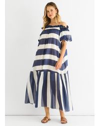 Gini London - Cotton Voil Bardot Stripe Midaxi Dress - Lyst