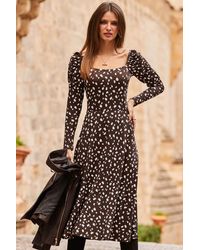 Sosandar - Chocolate Fleck Print Square Neck Midi Dress - Lyst