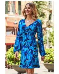 Sosandar - Swirl Print V Neck Ruched Front Shift Jersey Dress - Lyst