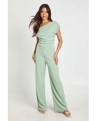 Boohoo - Jersey Crepe Drape Shoulder Wide Leg Jumpsuit - Lyst