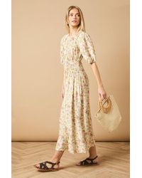 Oasis - Printed Shirred Bodice Puff Sleeve Midi Dress - Lyst