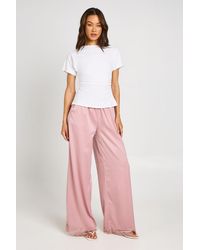 Boohoo - Tall Satin Lace Trim Wide Leg Trousers - Lyst