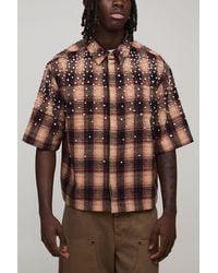 BoohooMAN - Boxy Jewel Rhinestone Half Sleeve Check Shirt - Lyst