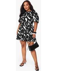 Boohoo - Plus Abstract Puff Sleeve Skater Dress - Lyst