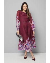 Wallis - Organza Floral Print Belted Midi Dress - Lyst