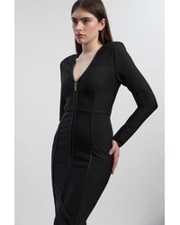 Karen Millen - Pu Tipped Detail Zip Through Bandage Knit Midi Dress - Lyst