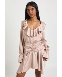 Boohoo - Textured Satin Ruffle Detail Mini Dress - Lyst