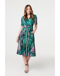 Izabel London - Feather Print 1/2 Sleeve Wrap Midi Dress - Lyst