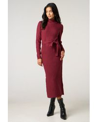 Femme Luxe - Roll Neck Ribbed Knitted Belted Midi Dress - Lyst