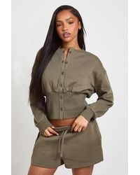 Boohoo - Cinched Waist Button Through Sweatshirt Short Tracksuit - Lyst