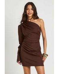 Boohoo - One Shoulder Woven Ruched Mini Dress - Lyst