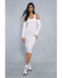 MissPap - Knitted Ribbed Plunge Bardot Midaxi Dress - Lyst