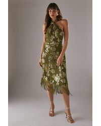 Warehouse - Metallic Chiffon Fringe Hem Halter Wrap Front Midi Dress - Lyst