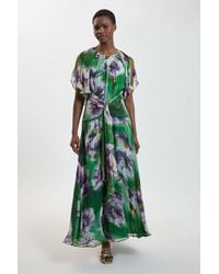 Karen Millen - Petite Floral Print Viscose Georgette Cape Sleeve Ruffle Woven Maxi Dress - Lyst