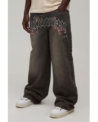 BoohooMAN - Floral Crotch Embroidered Baggy Fit Jeans - Lyst