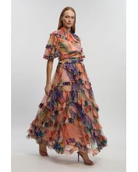 Karen Millen - Marble Print Tulle Ruffle Detail Woven Maxi Dress - Lyst