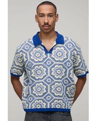 BoohooMAN - Oversized Boxy Crochet Cotton Blend Knitted Polo - Lyst