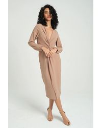 Hiccup - V Neck Long Sleeve Midi Dress With A Pleated Front - Lyst