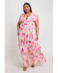 Boohoo - Plus Floral Chiffon Layered Plunge Front Maxi Dress - Lyst