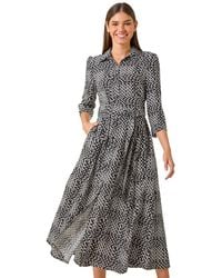 Roman - Geometric Print Tie Waist Midi Shirt Dress - Lyst