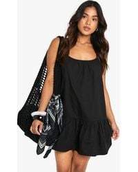 Boohoo - Petite Cotton Poplin Strappy Tiered Swing Mini Dress - Lyst