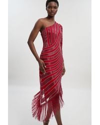 Karen Millen - Petite Thigh High Split Embellished Woven Fringed Midi Dress - Lyst