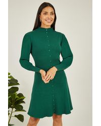 Yumi' - Knitted Button Up Midi Dress With Balloon Sleeves Viscose - Lyst