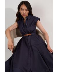 Karen Millen - Tailored Cotton Belted Collared Full Midi Dress - Lyst