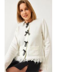 Bianco Lucci - Frilly Ribbed Knit Cardigan With Button Closure - Lyst