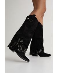 Boohoo - Faux Suede Fold Over Stud Detail Western Boots - Lyst