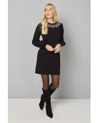 Wallis - Petite Embellished Neck Knitted Dress - Lyst