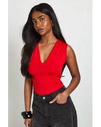Boohoo - Matte Slinky Ruched Plunge Bodysuit - Lyst