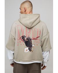BoohooMAN - Stone Oversized Boxy Washed Eagle Faux Layer Loopback Printed Hoodie - Lyst
