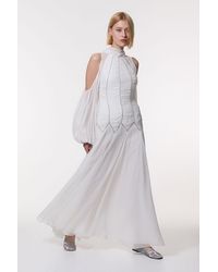 Karen Millen - High Neck Embellished Ruched Georgette Woven Maxi Dress - Lyst