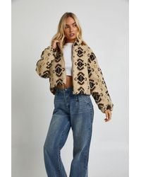 Boohoo - Aztec Teddy Zip Bomber Jacket - Lyst