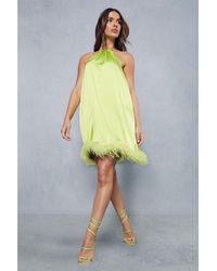 MissPap - Premium Satin Feather Trim Swing Dress - Lyst