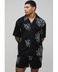 BoohooMAN - Palm Embroidered Oversized Linen Shirt & Relaxed Short Set - Lyst