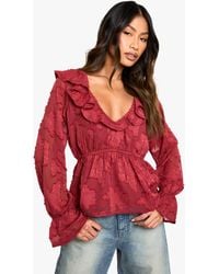 Boohoo - Burnout Floral Ruffle Neck And Cuff Blouse - Lyst