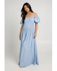 Boohoo - Maternity Linen Look Puff Sleeve Shirred Bodice Maxi Dress - Lyst