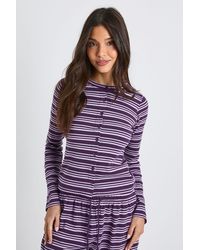 Boohoo - Stripe Rib Button Through Long Sleeve Top - Lyst